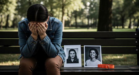 A woman sits on a park bench with her face in her hands, appearing to cry. Two black and white photos and an orange dog collar rest on the bench beside her. The background shows a park setting with trees and blurred sunlight.の素材