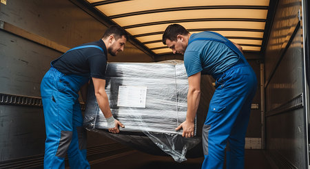 Two men in blue uniforms are lifting a large, wrapped package inside the cargo area of a truck. The package is covered in clear plastic wrap.の素材