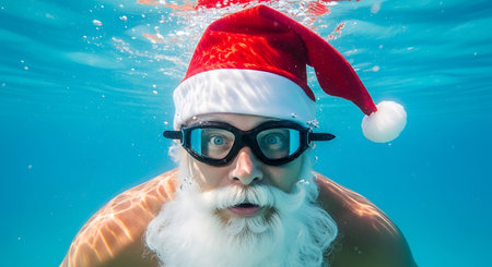 Santa Claus wearing swimming goggles and a red Santa hat swims underwater in blue water. Bubbles surround him.の素材