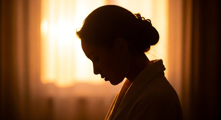 Silhouette of a woman wearing a dress, facing left with her head bowed. She is positioned against a bright window, creating a strong backlight. The light casts a golden glow around her.の素材