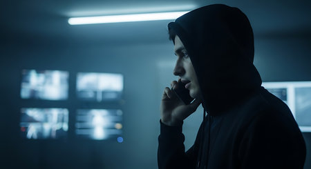 A man in a black hoodie is talking on a phone in a dark blue room. Security monitors are visible in the background.の素材