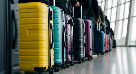 A row of colorful luggage lines on the floor of an airport terminal. Suitcases in yellow, turquoise, purple, black, pink, blue, and orange stand waiting for passengers.の素材