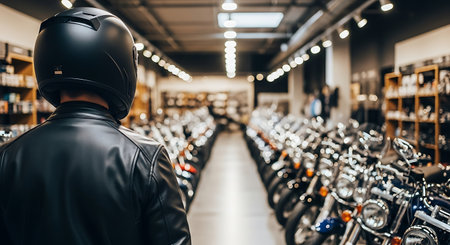 A person wearing a black helmet and a black leather jacket stands in a motorcycle dealership. Rows of motorcycles are displayed on either side of an aisle. The background is blurred with bright lights overhead.の素材