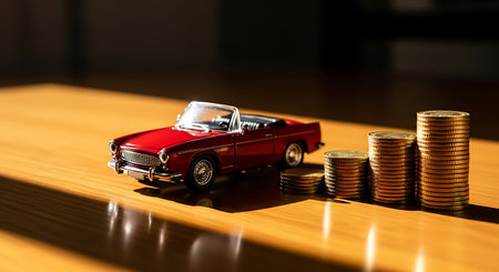 A red convertible toy car sits on a wooden surface next to three stacks of gold coins. The stacks of coins increase in height from left to right. The scene is lit with strong light creating distinct shadows.の素材