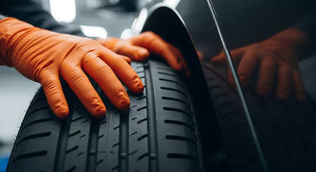 Tire showing orange gloved hands on a tire next to a dark car wheel well. High resolution image suitable for commercial use. Clear details and vibrant colors enhance visual appeal.の素材
