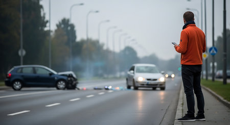 A man in an orange jacket and black jeans stands on a wet sidewalk, holding a phone. In the background, a car crash scene unfolds on the road with a blue damaged car and a silver car approaching. Smoke rises from the wreckage under an overcast sky.の素材