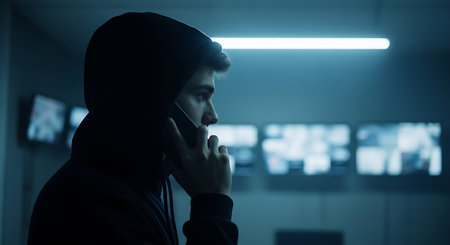 A hooded figure is on the phone in a dark room. Security monitors are visible in the background. The scene is lit with blue light.の素材