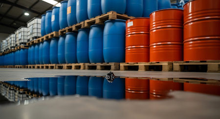 Rows of blue and orange barrels are stacked on wooden pallets inside a warehouse. A puddle on the floor reflects the barrels, creating a mirrored effect. The scene is industrial and focuses on storage and organization.の素材