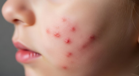 Close up view of facial skin showing red acne blemishes on the cheek area near the nose and lips.の素材