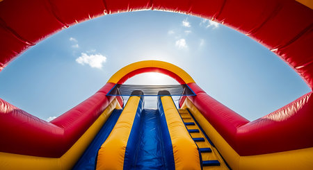 Low angle view looking up at an inflatable bounce house slide with red, yellow, and blue colors against a blue sky with clouds.の素材