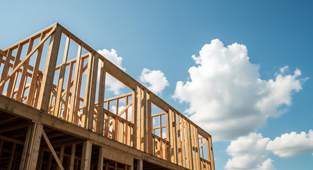House framing construction against a blue sky with white clouds. The wooden framework shows studs, beams, and joints of the unfinished residential building.の素材