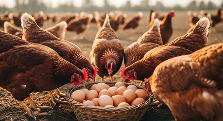 Brown chickens gather around a wicker basket filled with brown eggs in a field. Other chickens are visible in the background.の素材