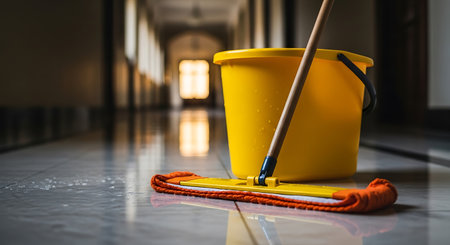 Cleaning tools ready for action on a wet tiled floor in a long, quiet hallwayの素材