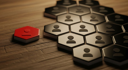 A distinct red hexagon with a person icon stands apart from the collective groupの素材