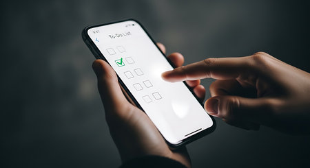 The a pair of hands holding a smartphone displaying a to-do list app. The screen several checkboxes, one of which is marked with a green checkmark indicating a completed task. The background is dark, emphasizing the bright screen of the smartphone. The app interface is minimalist, with a clean white background and black text, highlighting the simplicity and functionality of the to-do list application. The overall mood is focused and organized, suggesting productivity and task management.の素材