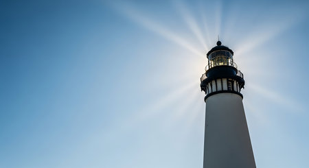 The a tall white lighthouse standing against a clear blue sky. The sun is positioned directly behind the lighthouse, creating a bright and radiant effect with rays of sunlight shining around the structure. The sunlight creates a glare and reflection on the lighthouse, enhancing its prominence in the scene. The overall mood of the is serene and peaceful, capturing the natural beauty and tranquility of the outdoor setting.の素材