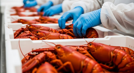 The workers wearing blue gloves and white coats sorting cooked red lobsters in white trays. The lobsters are bright red and appear freshly cooked. The workers are meticulously handling the lobsters, ensuring they are properly arranged in the trays. The setting suggests a food processing or seafood preparation facility, emphasizing hygiene and organization. The close-up view highlights the detailed work and the vibrant color of the lobsters.の素材