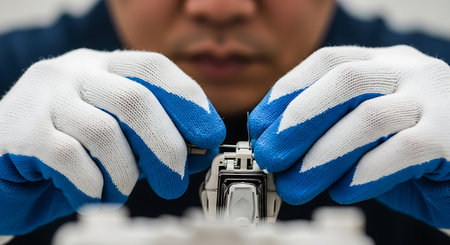 The a person wearing blue and white gloves holding a small metallic with precision. The focus is on the hands and the highlighting the intricate details and careful handling. The background is blurred, emphasizing the concentration on the task at hand. The gloves suggest a protective measure, likely in an industrial or technical setting where precision and safety are crucial. The metallic appears to be part of a larger assembly or manufacturing process, indicating a detailed and careful...の素材