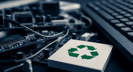 The a close-up view of computer hardware with a prominent green recycling symbol on a white square placed near the electronic components. The background includes a detailed view of a circuit board with various electronic parts and wires, alongside a black computer keyboard. The green recycling symbol stands out against the white square, emphasizing themes of sustainability and eco-friendliness in the context of technology.の素材