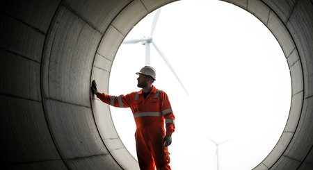 The a worker dressed in a bright red uniform with reflective stripes and a white hard hat, standing inside a large cylindrical concrete structure. The worker is positioned with one hand touching the inner wall of the structure, looking towards the open end of the cylinder. Outside the structure, a large wind turbine is visible, indicating an industrial or renewable energy setting. The lighting is bright, suggesting an outdoor environment. The overall mood is industrial and focused on...の素材