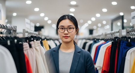 A woman wearing glasses and a blue blazer stands between two clothing racks in a brightly lit store. The racks are filled with various colored shirts, including white, black, red, yellow, and blue. The background more clothing racks and a well-organized retail environment, suggesting a shopping mall or department store setting. The lighting is bright and evenly distributed, creating a clean and modern atmosphere.の素材