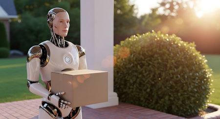 A futuristic white and gold robot stands on a brick porch holding a cardboard box, likely making a delivery. The robot has a sleek, metallic with visible mechanical details. The setting is a suburban residential area with a well-maintained lawn, a bush, and sunlight filtering through the trees. The overall mood is serene and futuristic, blending advanced technology with everyday life.の素材