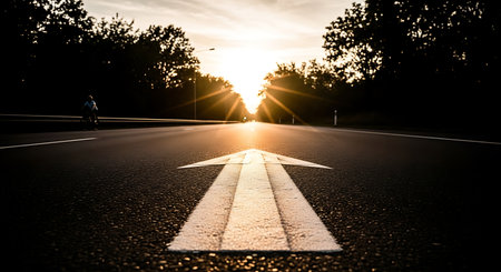 The captures a road during sunset with sunlight streaming through the trees and casting long shadows. A prominent white arrow marking on the road points forward, symbolizing direction and travel. The scene is bathed in a warm, golden light, creating a serene and contemplative mood. The trees on either side of the road frame the view, adding depth and a sense of journey. The contrast between the bright sunlight and the darker shadows adds a dramatic effect to the composition.の素材