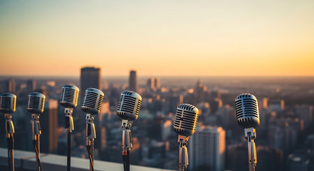 The seven vintage microphones arranged in a row on a rooftop, each mounted on a stand. The microphones are silver and metallic, reflecting the warm light of a sunset. Behind them, a city skyline stretches into the distance, with buildings and skyscrapers silhouetted against the golden sky. The scene captures the tranquil mood of the evening, with the soft glow of the setting sun casting a warm hue over the entire view. The composition highlights the contrast between the vintage microphones...の素材