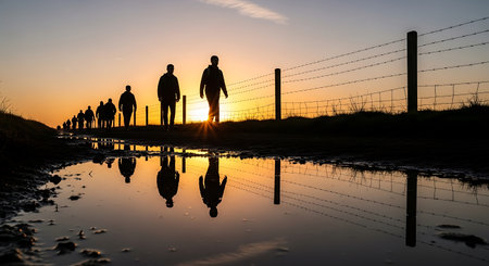 The captures a serene moment at sunset where a group of people are walking along a path next to a fence. The silhouettes of the individuals are stark against the golden sky, creating a peaceful and reflective mood. The path is bordered by a barbed wire fence, and the still water beside the path perfectly mirrors the scene, enhancing the symmetry and tranquility of the overall composition conveys a sense of calm and contemplation, with the natural blending harmoniously.の素材
