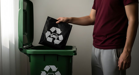 The a person in casual attire, wearing a maroon shirt and gray pants, placing a black bag with a white recycling symbol into a green recycling bin. The bin is positioned indoors against a plain wall. The recycling symbol on both the bag and the bin emphasizes the theme of eco-friendliness and waste management. The overall scene conveys a sense of environmental responsibility and the importance of recycling.の素材