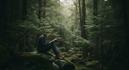 A person is sitting on a moss-covered rock in a dense forest, engrossed in reading a book. The surrounding area is lush with greenery, featuring tall trees and a forest floor covered in moss and ferns. Sunlight filters through the canopy, creating a serene and tranquil atmosphere. The scene conveys a sense of peace, solitude, and relaxation in a natural setting.の素材