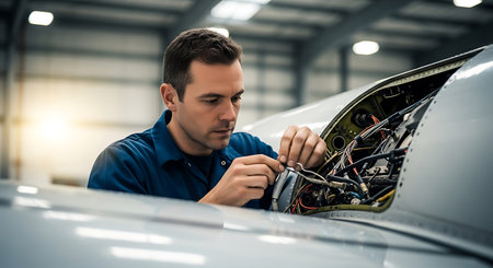 A man in a blue shirt is intently working on the electrical system of an aircraft inside a well-lit hangar. He is focused on the intricate wiring and components exposed in the open panel of the aircraft. The setting is industrial, with visible overhead lighting and a spacious interior. The man appears to be performing maintenance or repair work, using tools to handle the technical components. The scene conveys a sense of precision and expertise in the aviation industry.の素材