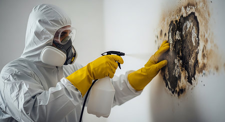 The a person dressed in a full white hazmat suit with a gas mask and yellow gloves, spraying a black mold stain on an indoor wall using a black spray bottle. The individual is focused on the task, indicating an approach to mold removal or treatment. The setting appears to be an interior space, likely undergoing cleaning or remediation. The protective gear suggests a concern for health and safety, emphasizing the hazardous nature of the task.の素材