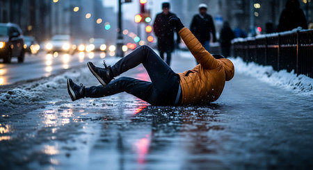 A man in a yellow jacket and black pants is falling on a wet, icy street at night during winter. The scene is set in an urban environment with blurred traffic lights and vehicles in the background. Snowflakes are falling, and the wet pavement reflects the city lights, creating a cold and slippery atmosphere. The man appears to slip, with his legs up in the air and his arms outstretched. Other pedestrians are visible in the background, walking along the snow-covered sidewalk.の素材
