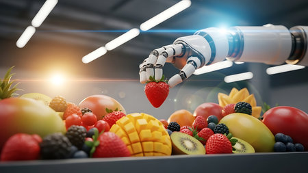 The showcases a close-up view of a robotic arm holding a strawberry over a vibrant assortment of fresh fruits. The fruits include strawberries, raspberries, blackberries, blueberries, cherries, grapes, kiwi, mango, apple, orange, lemon, lime, and pineapple. The scene is rendered in 3D with a futuristic and high-tech feel, emphasizing the intersection of technology and food. The lighting is bright and focused, highlighting the vivid colors and textures of the fruits and the sleek, metallic...の素材
