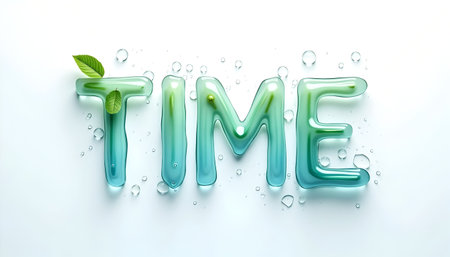 Green Watery Typography Spells "Time" with Leaf and Dropletsの素材