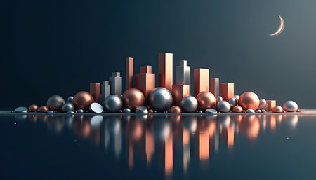 Abstract Metallic Cityscape Reflection Under Crescent Moonの素材