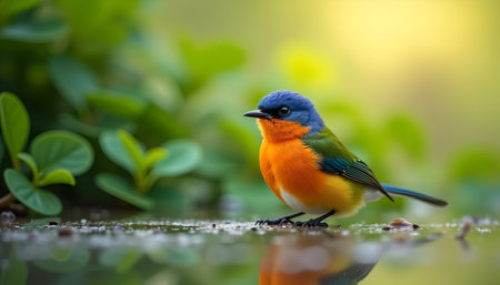 Vibrant Multi Colored Bird Standing by Water's Edgeの素材