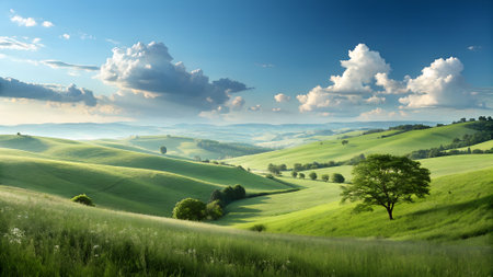 A beautiful landscape featuring rolling green hills under a blue sky with fluffy white clouds, creating a peaceful and serene countryside scene.の素材