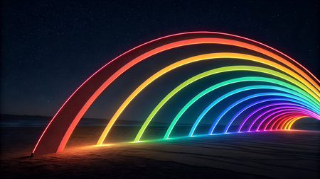 A vibrant rainbow tunnel of arches glows under a starry night sky, creating a dreamy, futuristic scene with a strong sense of perspective and depth.の素材