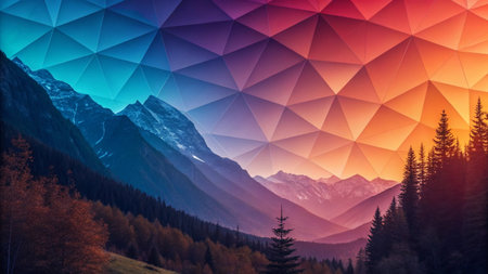 a stunning abstract landscape featuring majestic mountains, lush trees, and a vibrant geometric polygon sky with a colorful gradient effectの素材