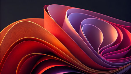 A vibrant abstract design featuring layered paper art in shades of orange, red, and purple against a dark backdrop, creating a modern and elegant visual.の素材