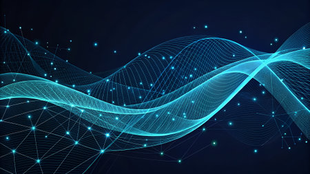 Abstract blue background with connected lines and dots. Wave of particles. Vector illustration.の素材