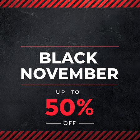 black november sale advertisement featuring up to fifty percent off, set against a dark backdrop with red and white text and stripes.の素材