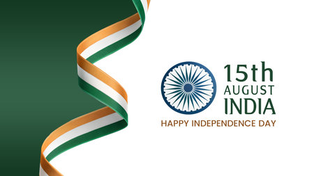 celebrate india's independence day with this design featuring the tricolor ribbon and ashoka chakra on a green and white background.の素材