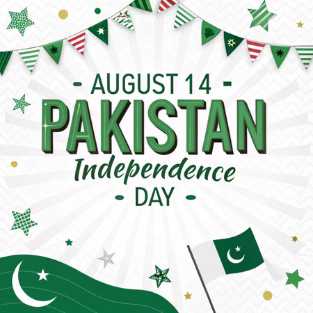 a festive pakistan independence day design featuring the flag, garland, stars, and text on a clean white background for celebration.の素材
