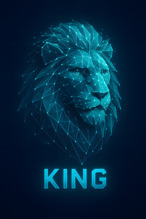 a digital depiction of a lion's head, constructed from a polygonal mesh, with the word king displayed below, all in blue against a dark backdropの素材