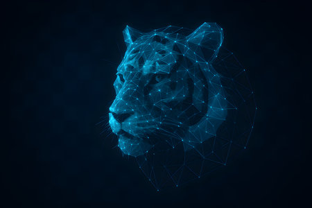 A geometric jaguar head in glowing blue, connected by lines, stands out against a dark background, showcasing a modern design concept.の素材