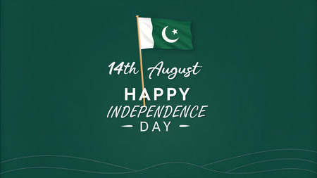 a pakistan independence day image featuring the flag and a greeting for august fourteenth on a green background, perfect for celebrationsの素材