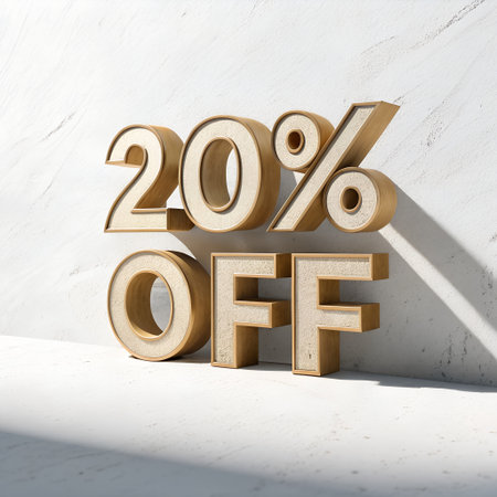 a gold twenty percent off promotion against a white textured background, perfect for advertising sales and discounts for your business.の素材